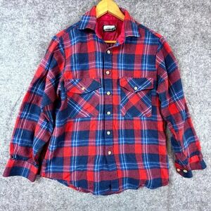 Vintage Fieldmaster Flannel Shirt Mens M Red Blue Plaid Lumberjack Cabin Grunge
